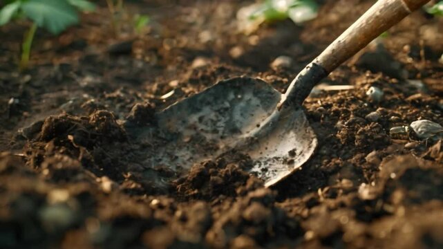 Shovel in soil represents farmers hard work and dedication to cultivating land. Concept Agriculture, Farming, Hard Work, Dedication, Cultivating Land