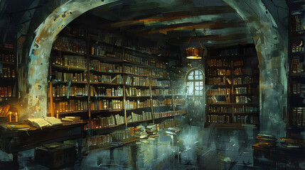 A dark room with a large number of bookshelves