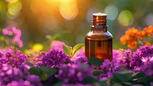 Verbena essential oil in a bottle perfect for aromatherapy and relaxation. Concept Aromatherapy, Relaxation, Verbena Essential Oil, Bottle, Wellness