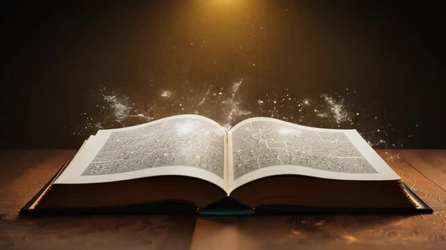 Old book opened and light particles on dark