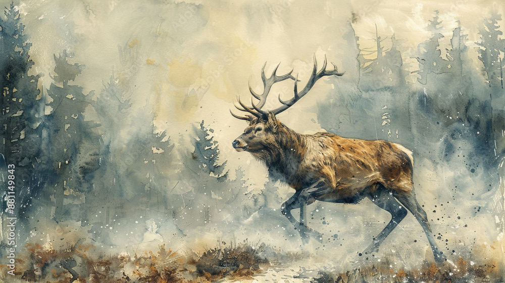 Poster a deer is running through a forest with trees in the background