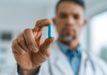 A male doctor holding up a blue pill. The stock photo shows a closeup of a hand and pills with the focus point to the right Generative AI