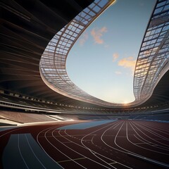 An empty Olympic sports stadium with a modern architectural design. Ideal for showcasing stadium architecture and sports venues.
