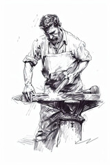A black and white sketch of a blacksmith hammering hot iron