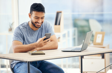 Happy, texting and man with laptop, cellphone and virtual assistant in home office and customer...