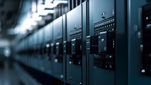 Dark Blue Electrical Switchgear for Control and Distribution. Concept Electrical Components, Control Panels, Distribution Systems, Circuit Breakers