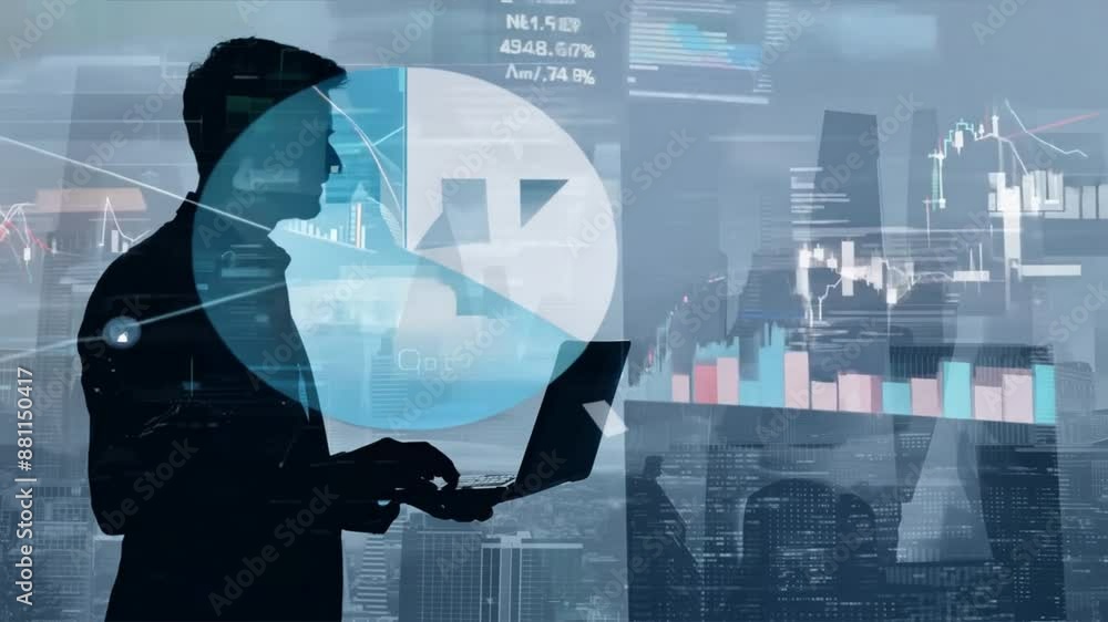 Aufkleber double exposure silhouette of man skilled managing director is analyzing activities of the company b