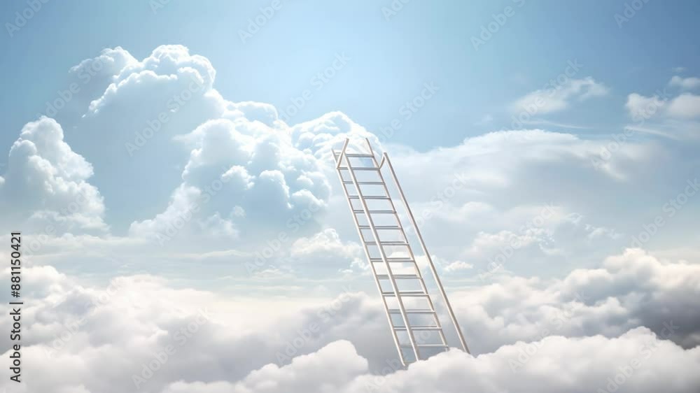 Poster transition from traditional to digital marketing: visualizing progress with a ladder to the clouds. 
