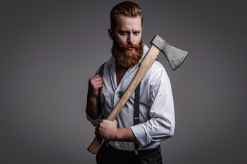 Hair and beard care. Handsome bearded brutal man. Beard styling. Brutal Caucasian hipster with...
