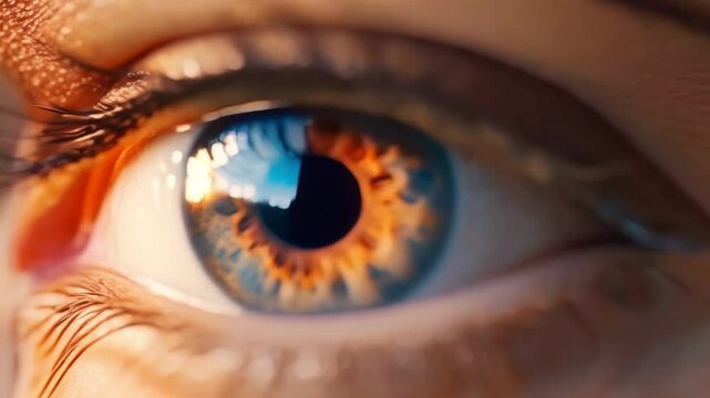 Impact of Light Pollution on Health: Close-up of Dilated Human Eye. Concept Light Pollution, Human Health, Dilated Eye, Close-up Photography