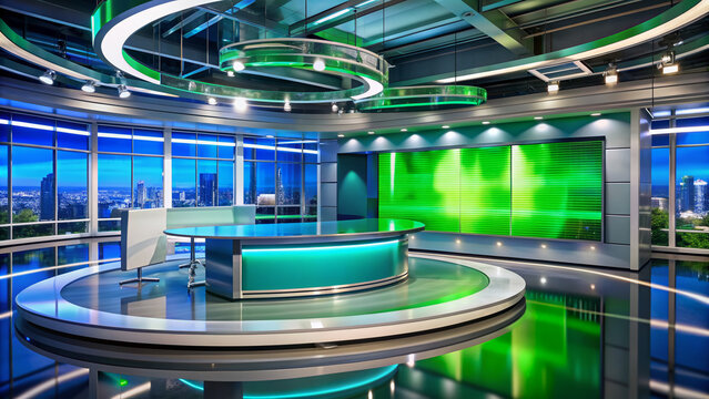 Modern virtual TV studio news set with sleek anchor desk, futuristic lighting, and advanced equipment against a bright green screen background, ready for chroma keying.