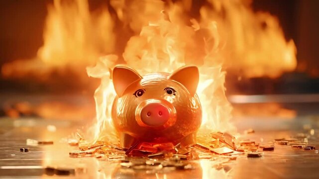 The Symbolism of a Burning Piggy Bank Financial Ruin and Investment Failure. Concept Symbolism, Burning Piggy Bank, Financial Ruin, Investment Failure