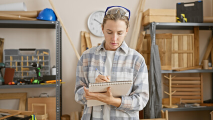 A focused woman taking notes in a well-organized workshop.