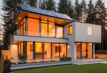 A modern white yellow and large glass windows two-story house with a flat roof, solar panels on the roof, and a large window facade