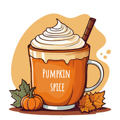 Pumpkin latte with whipped cream, pumpkin and autumn leaves.  Hot drink cartoon icon in hand drawn. Pumpkin spice latte in cozy mug vector illustration isolated on a white background.