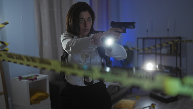 A focused hispanic woman detective with a gun and flashlight searches a dimly lit crime scene indoors, standing behind police tape.