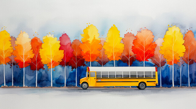 Banner with school bus on the road against autumn forest background, back to school concept poster