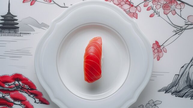 Traditional Tuna Sushi on Ornate White Plate with Asian Motif