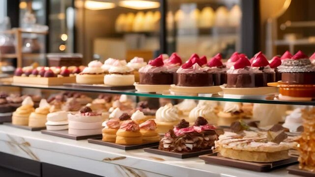 Interior of bakery with fresh desserts on display tempting customers with treats. Concept Bakery Display, Fresh Desserts, Tempting Treats, Interior Design, Customer Sales