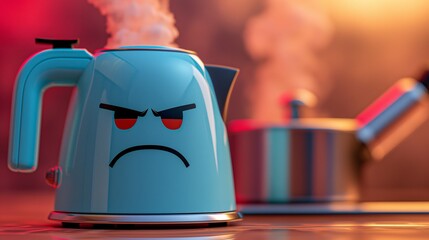 Angry Blue Kettle Steaming in a Kitchen