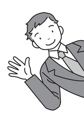 説明・案内・紹介　笑顔でスーツを着た若い男性が横から顔を出す