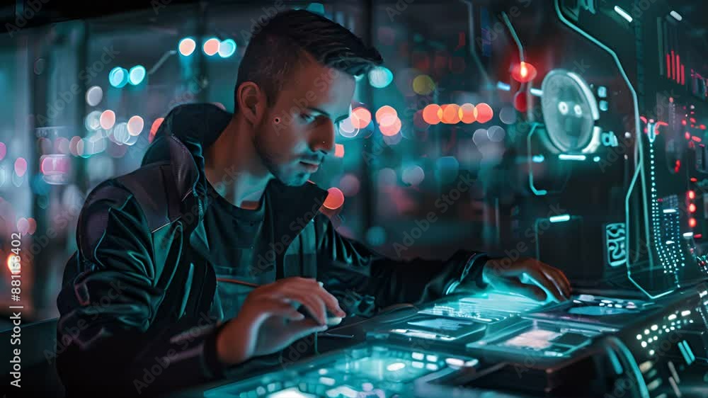 Poster a man works on a futuristic interface with blue and red lights in the background