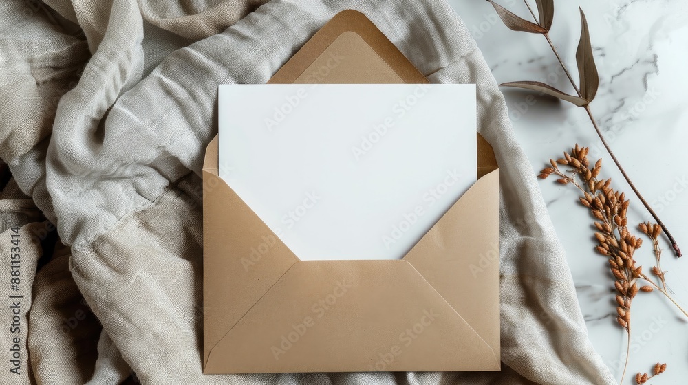 Poster empty white card in opened envelope top view with space for text