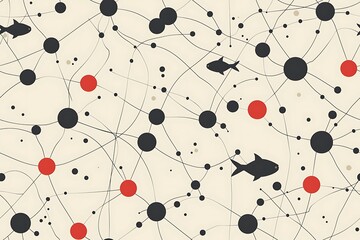 Abstract illustration of a school of fish swimming through a complex network of interconnected circles and lines.