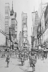 Obraz premium A black and white sketch of a bustling city