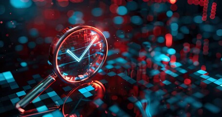 Ethical auditing depicted by AI algorithm with magnifying glass and checkmark. AI ethics