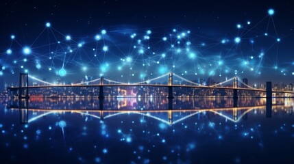 Nighttime view of smart city lights with river bridge, connectivity, and technology network