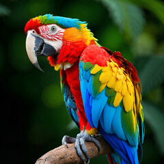 Obraz premium A full-body macaw parrot with vibrant blue, yellow, red, and green colors, perched on a branch in a natural setting.