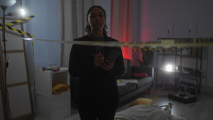 A focused latina detective examines a crime scene inside a dimly lit house with caution tape, taking notes.
