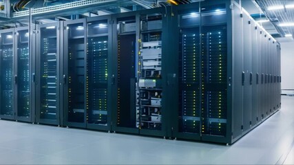 Server Racks in Modern Data Center for Telecommunications and Cloud Computing Operations. Concept Data Center Infrastructure, Telecommunications Technology, Cloud Computing Operations