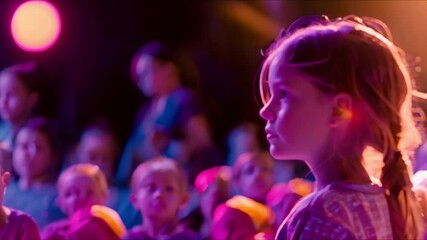 A young child confidently addresses an attentive audience from the stage. Concept Confident child speaker, Stage presence, Public speaking skills, Youth empowerment, Engaging audience