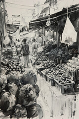 A black and white sketch of a bustling marketplace