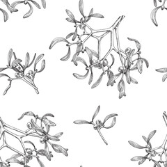 Vintage mistletoe seamless pattern. Holiday winter background . Hand drawn illustration for design packaging textile wallpaper fabric greeting