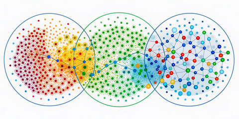 Colorful illustration of machine learning concepts: binary classification as circular divisions, regression as a curved line, clustering as grouped bubbles, and anomaly search as outlier points.