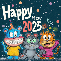 Fototapeta premium Cute Animal Characters Celebrating New Year 2025