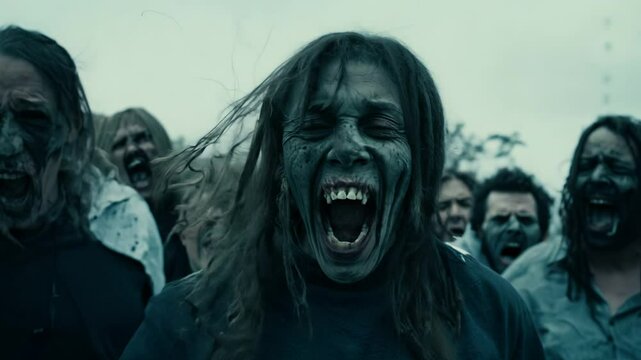 A large group of zombies run through a city street during the daytime