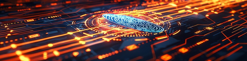 Digital interface with fingerprint scanner and safe symbol for network firewall, vibrant orange elements,