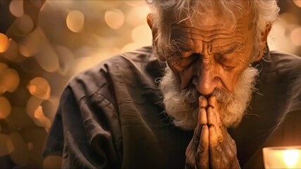 Devout Elderly Priest Praying with Folded Hands and Candle Beside Him. Concept Faith, Religion, Spirituality, Candlelight, Prayer