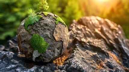 Small tree growing on a rocky globe with moss, placed on a rocky surface with a forest background