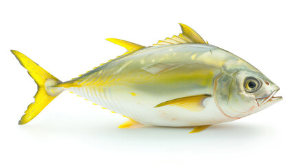 A stunning golden fish, showcasing its vibrant yellow and blue hues, captured in high detail against a white background.