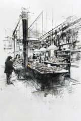 Fototapeta premium A black and white sketch of a bakery