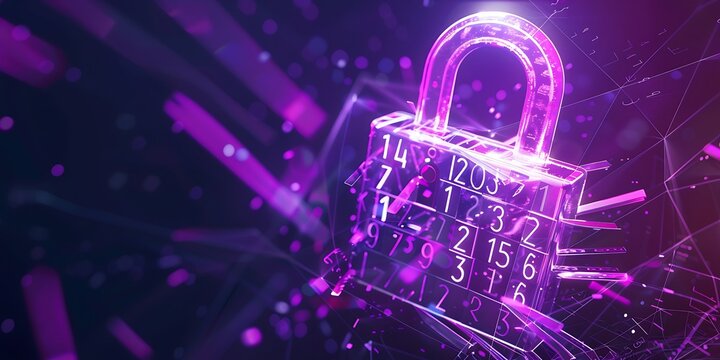 Digital padlock with rapidly changing numbers and letters, symbolizing data protection, radiant purple elements,