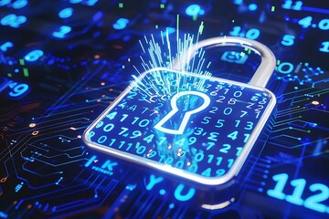 Digital padlock with rapidly changing numbers and letters overlay, representing global internet security, vibrant blue theme,