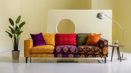 A stunning photograph of a vibrant, eclectic sofa featuring Ankara print patterns in yellow, purple, red, green, orange, and black. The sofa sits prominently against a minimalist