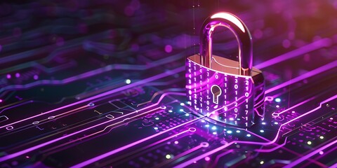 Digital padlock with rapidly changing numbers and letters, symbolizing data protection, radiant purple elements,
