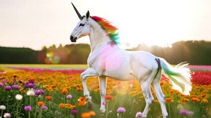 A white unicorn with a rainbow mane and tail runs through a field of colorful flowers at sunset